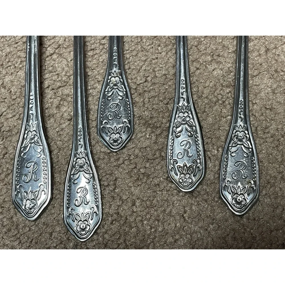 Custom Craft Stainless Engraved R Flatware 5 Floral Vtg‎ Japan Forks Spoon Knife